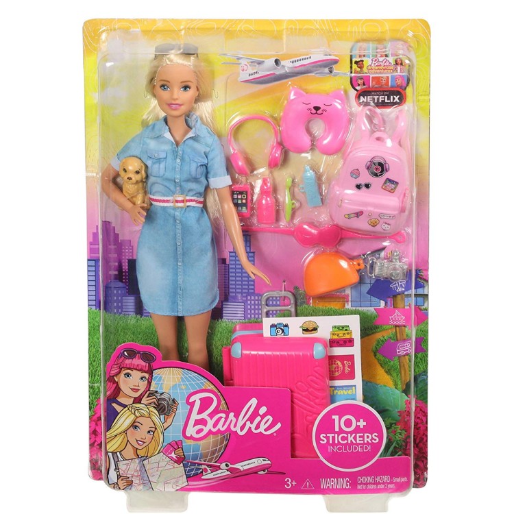 Barbie FWV25 Doll and Travel Set with Puppy, Luggage and 10+ Accessories