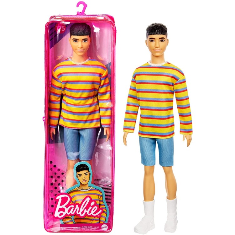 Barbie Ken Fashionistas Doll 175 with Sculpted Brunette Hair, Long-Sleeve Colorful Striped Shirt GRB91  