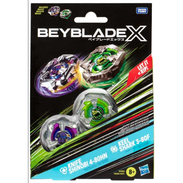 Hasbro Beyblade X Dual Pack - Knife Shinobi 4-80HN Defense Type & Keel Shark 3-80F Attack Type (Tops Only) F9586
