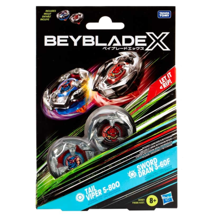 Hasbro Beyblade X Dual Pack - Tail Viper 5-80O Stamina Type & Sword Dran 3-60F Attack Type (Tops Only) F9586