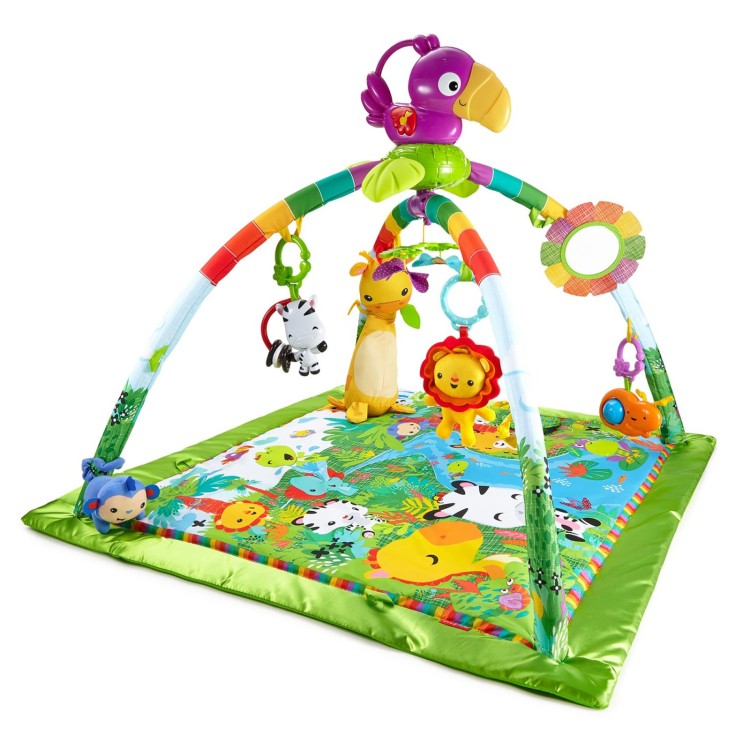 The Fisher Price Rainforest Music & Lights Deluxe Gym is perfect for newborns and up. It's made by Mattel and is guaranteed to keep your little one entertained for hours on end!