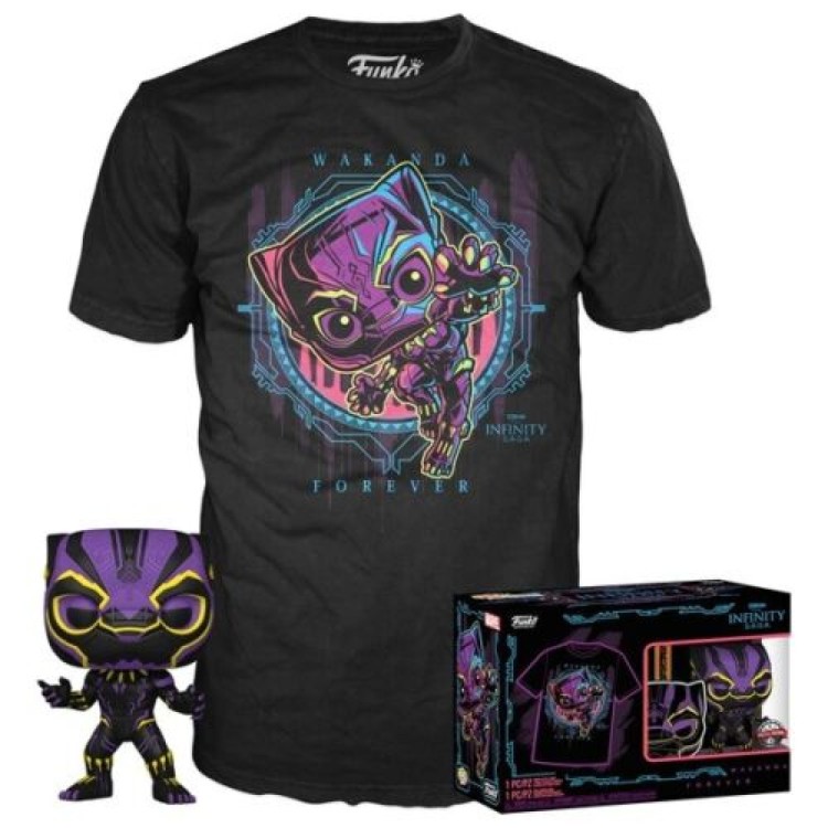 Funko Pop! Tees T-Shirt Marvel BLACKLIGHT Wakanda Forever Black Panther (Size Large)