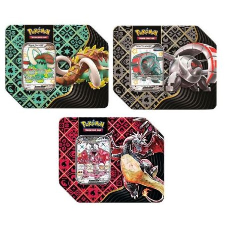 Pokemon TCG Scarlet & Violet Paldean Fates 5 Booster Tin - Great Tusk / Charizard / Iron Treads (One Supplied)