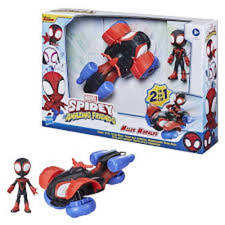 Hasbro Spidey and his Amazing Friends Change & Go Techno Racer Miles Morales (BROWN DELIVERY BOX)